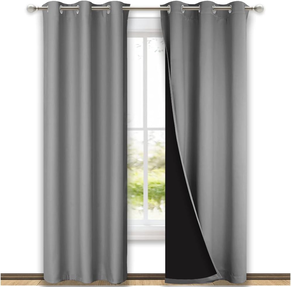NICETOWN Silver Grey Full Shade Curtain Panels, Pair of Thermal Insulated & Energy Efficiency Blackout Curtains for Living Room Windows, Lined Silky Performance Window Dressing (42 Wide x 84 Long)